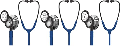 Image of 3M Littmann Classic III Monitoring Stethoscope, 5863, More Than 2X as Loud, Weighs Less, Stainless Steel Mirror-Finish Chestpiece, 27 inch Navy Blue Tube, Smoke Stem, and Headset (Pack of 3)