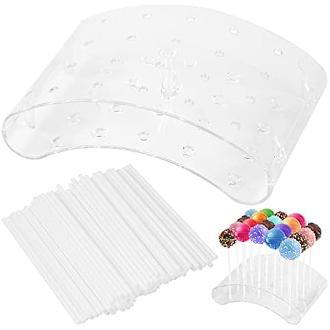 suchkawe Lollipop Holder Display Stand Acrylic Transparent Lollipop Cake Pop Display Stand 20 Holes Plastic Lollipop Stand with 100 Lollipop Sticks for Wedding Birthday Party Anniversary Carnival Cover