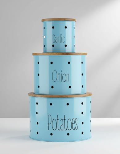 Image of Set of 3 Potato Onion & Garlic Storage Container For Kitchen | Storage Container For Kitchen Storage with Lid. (Blue)