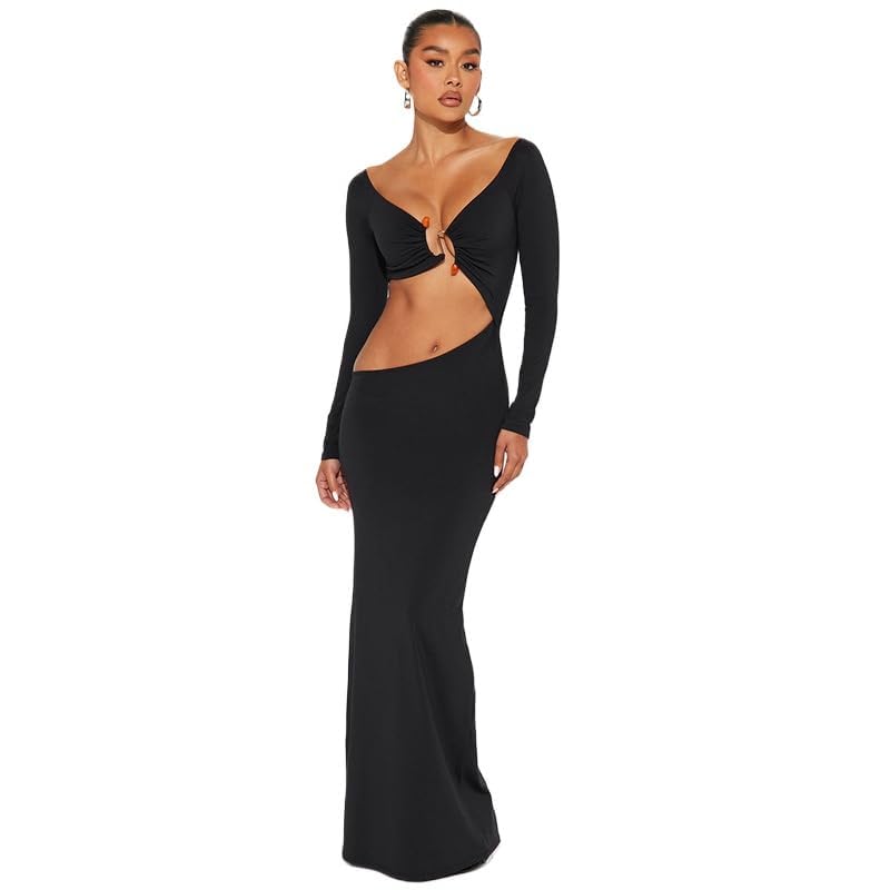 Women Sexy Hollow Out Bodycon Dress Long Sleeve Belly Cutout Maxi Long Dresses for Cocktail Party Festival Dress
