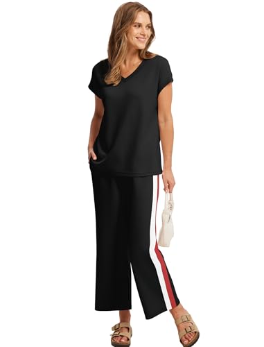 Image of Saloogoe Two Piece Sets for Women Summer Outfits Lounge Sets V Neck Tops Wide Leg Pants Woman Vacation Travel Outfits