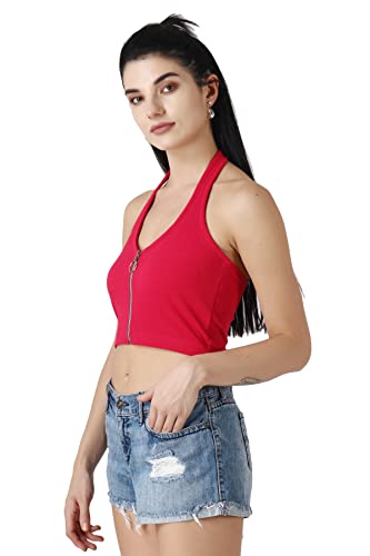 Image of POPWINGS Solid Casual Sleeveless Regular-Fit Crop Tops for Women with Front Chain| Crop Tops for Women Stylish Western Summer Wear
