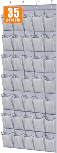 Image of MISSLO 35 Large Pockets Over The Door Shoe Organizer Sturdy Oxford Fabric Hanging Shoe Rack for Door Mesh Closet Shoe Holder Hanger, Grey
