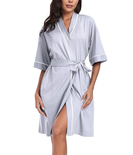 Image of ANLIQI Womens 100% Cotton Robes Lightweight Summer Short Sleeve Lady Bathrobe Knee Length Kimono Robe Sleepwear with Pockets