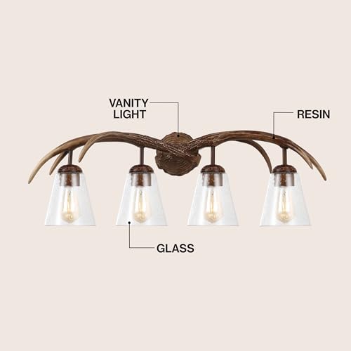 Image of JONATHAN Y 32.5 inch Brown Wood Finish 4-Light Resin Antlers Vanity Light Wall Sconce Rustic Farmhouse for Living Room Bathroom with Clear Seeded Glass Shades LED Bulbs Included JYL6315A