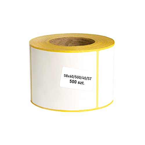 MD Labels Etiquetas térmicas blancas en rollo, 58 x 60 mm, 500 unidades, casquillo de 40 mm, adhesivo permanente, para códigos de barras, etiquetas térmicas
