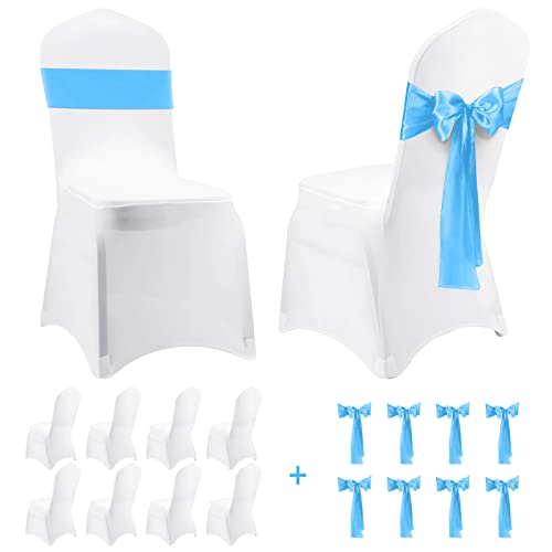 20 Pièces Housses de Chaise de salle à Manger, 10 PC Bleu Rubans en Satin Housse de Chaise Noeud Rubans nœuds + 10 PC Housses de Chaise Blanches Housses pour Ceremonie Fête événement Anniversaire Cover