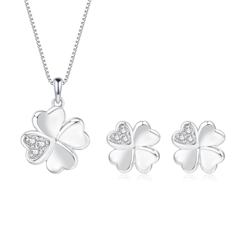 Loutade Schmuck Set Damen, 925 Sterling Silber Kleeblatt Halskette & Ohrstecker Set mit Cubic Zirkonia, Vierblättriges Kleeblatt Schmuckset für Damen Mädchen, Geschenk zum Geburtstag Mutter Tag