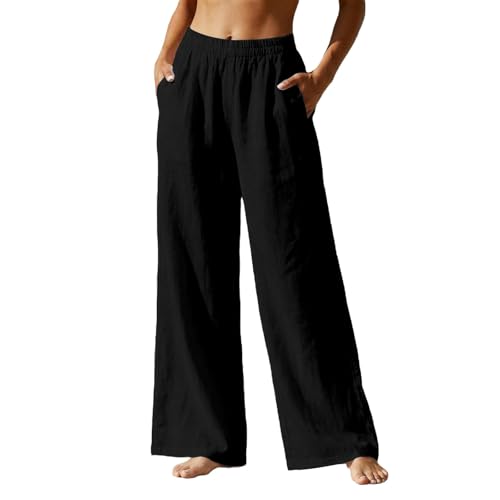 Pantalon lin femme décontracté à taille haute élastique