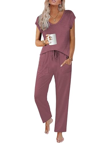 Image of Ekouaer Womens Pajama Sets Short Sleeve Sleepwear Tops and Long Pants V Neck Pjs 2 Piece Lounge Set with Pockets S-XXL