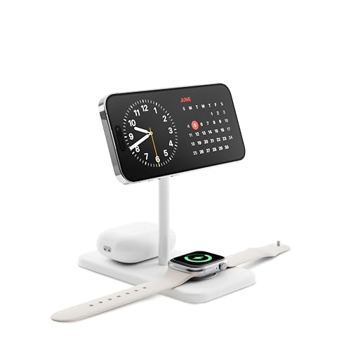 Image of Twelve South HiRise 3 Deluxe Twelve South 3-in-1 MagSafe + Qi2 Charging Stand for iPhone, Watch, and AirPods, White