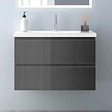 Biubiubath Badezimmermöbel 80cm Keramik Waschtisch mit Unterschrank Badmöbel Set Badezimmerschränke mit 2 Soft-Close Schubladen Hochglanz Dunkelgrau