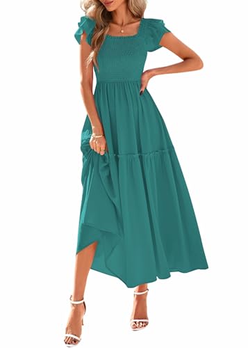 Image of KIRUNDO Smocked Summer Midi Dresses for Women 2026 | Flowy Long Dress, Ruffle Short Sleeve, Square Neck, Pocketed, Sundress for Casual, Church, Wedding Guest, Baby Shower
