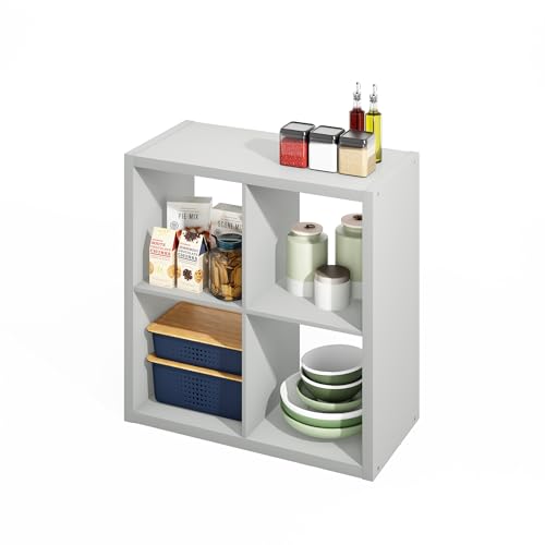 Image of Furinno HERMITE Kitchen Island, 4-Cube Coffee Bar, Extra Thick Kitchen Storage, Bakers Rack, for Pantry Organizers and Storage, Kitchen Organization, Light Grey