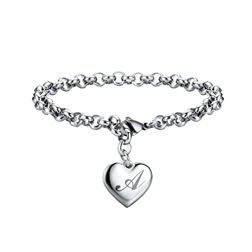 Initial Charm Bracelets Stainless Steel Heart 26 Letters Alphabet Bracelet for Women Valentine