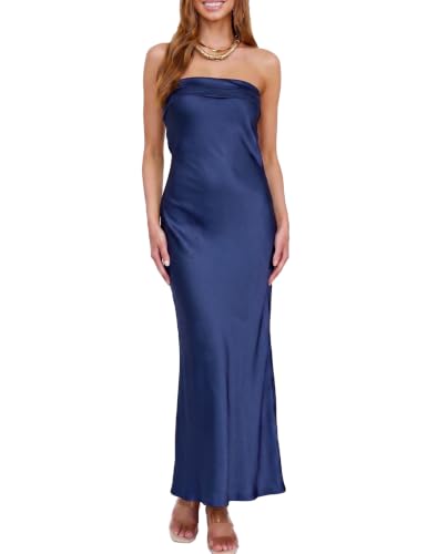 Image of Realtix Summer Satin Strapless Backless Maxi Dress for Women Wedding Guest