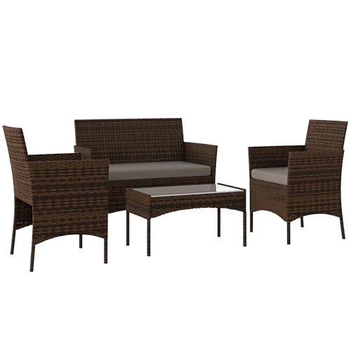Outsunny Conjunto Jardín Exterior de Ratán con Cojines Conjunto Terraza Resistente a la Intemperie Muebles Jardín Exterior con 2 Sillones Sofá de 2 Plazas Mesa con Cristal Marrón y Gris