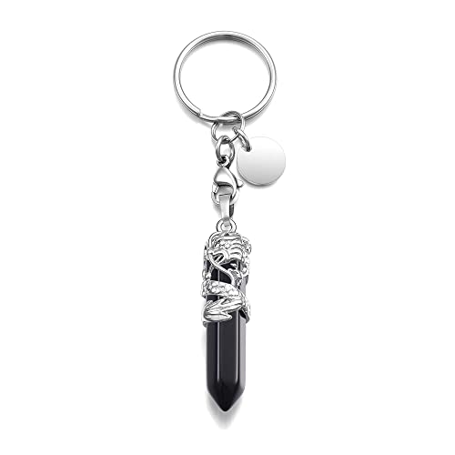MANIFO Black Obsidian Healing Crystal Keyring Sliver Dragon Wrapped Hexagonal