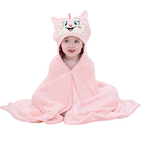 Image of MICHLEY Unisex Hooded Baby Towel Soft Absorbent Washcloths Cartoon Beach Swimming Bathrobe 27.5 inch x 47 inch for 0-7T Toddler(Pink)