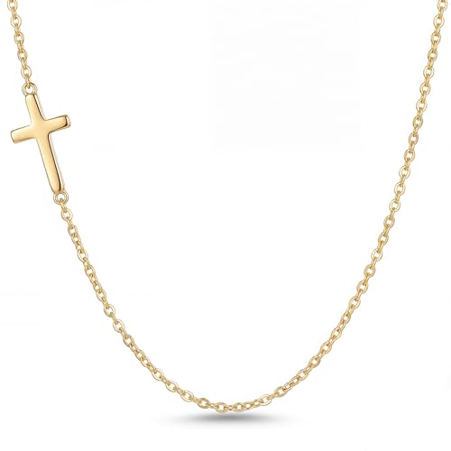 NORBU S925 Cross Necklace for Women 18K Gold Plated Womens Cross Necklaces with Adjustable 16+2 Chain Sterling Silver Sideways Cross Pendant Dainty Christian Jewelry Catholic Religious Gift for Her Gold C