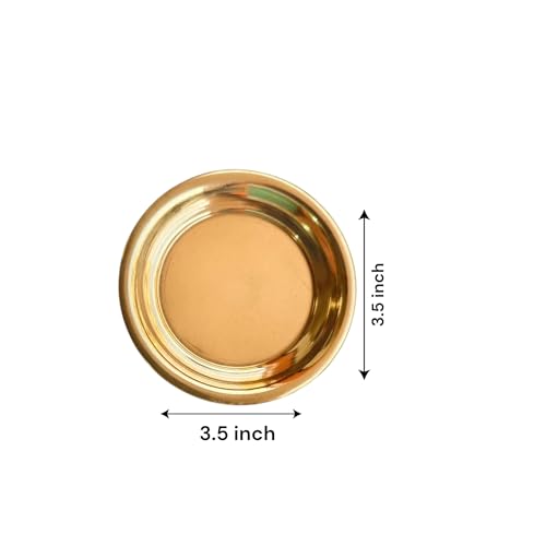 Image of Decorative Brass Plates 3.5 inch, Round Design Best for puja and bhog, Set of 4, Gold