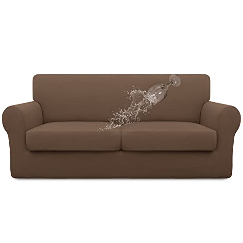Image of Easy-Going Waterproof 3-Piece Oversized Loveseat Couch Covers for Sofa | 3-Piece Set Spandex Sofa Cover Slipcover Elastic Bottom Dog Pet Friendly Brown