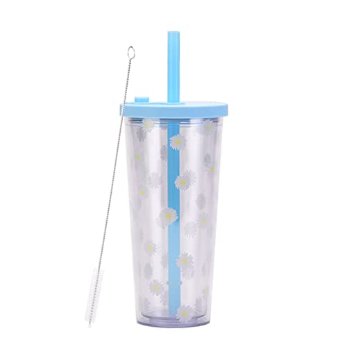 Reusable Boba Cup Smoothie Cup with Resealable Lid Plug - 20 oz Double Wall Insulated Boba Tea Cup Boba Tumbler Milk Tea Cup with Wide Reusable Straw (Light Blue)