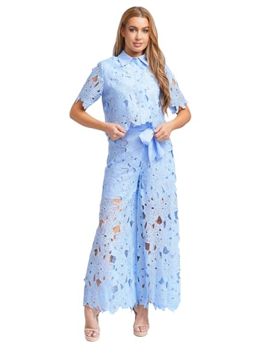 2 Piece Sets for Women Casual Party Summer Outfits Short Sleeve Hollow Out Tops with Wide Leg Pants3