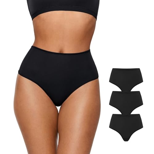 Image of INLYRIC Women's Inbarely Soft Thong - High Waisted Tagless Smooth Stretch Underwear Ultra-soft No Show Panties 3 Pack