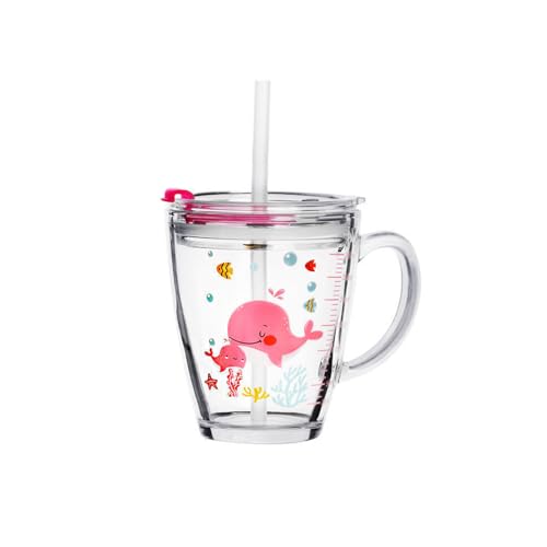 Dvagoent 350ml Tasse Petit Dejeuner, Verre en Forme de Dessin Animé, Tasse à Lait, avec Couvercle, Paille, Brosse à Paille (Baleine)