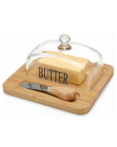 Zeltrivonex Burriera in vetro con coperchio e coltello, campana per formaggio rotonda, 19,6 x 19 cm, con vassoio in bambù, per frigorifero e tavolo da colazione, lavabile in lavastoviglie