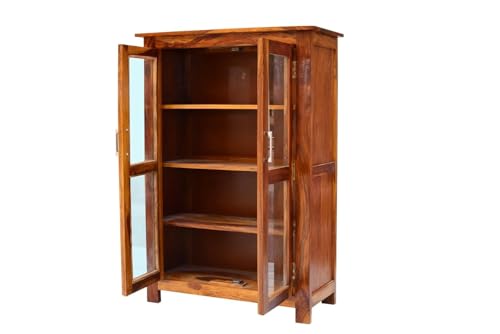 Image of DADDYFURNITURE? Solid Sheesham Wood Kitchen Cabinet Display Rack with 3 Shelf for Living Room | Solid Wood Bookcase for Home Furniture. (Honey Teak)