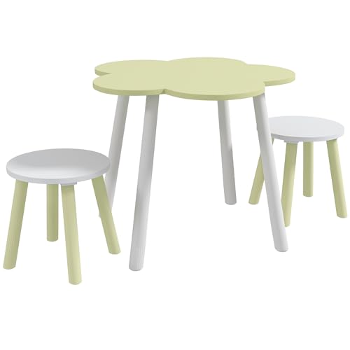 ZONEKIZ Juego de Mesa y 2 Sillas Infantiles Mesa con Sillas para Niños de 2-5 Años con Mesa en Forma de Flores Ø59x50 cm y Sillas Ø28x26 cm para Dormitorio Sala Blanco y Verde Pastel