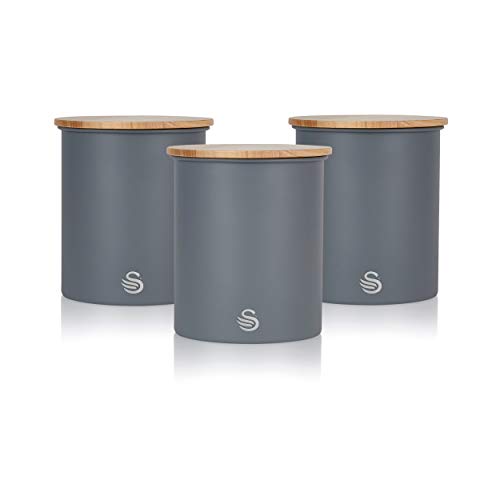 Swan SWKA17513GRYN Nordic Scandi Set of 3 Storage, Tea, Coffee and Sugar Canisters, Slate Grey, Steel, Bamboo Lid, One Size