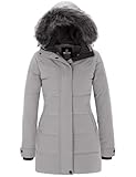 Wantdo Women’s Outdoor Winter Fleeced Lined Puffer Coat Long Warm Thicken Parka Coat Classic Ladies Water Resistant Padded Jacket Hooded Windproof Quilted Jacket Grey M