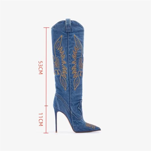 Saint Leia Women's Fashion Denim Stiletto Heel Tall Boots Casual Embroideries Pointed Toe Knee High Boots4