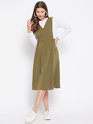 Image of WineRed Women Soild Pinafore Dress with Button