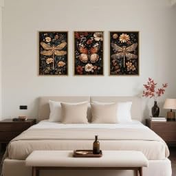 Grande toile murale vintage haut de gamme triptyque insectes et fleurs