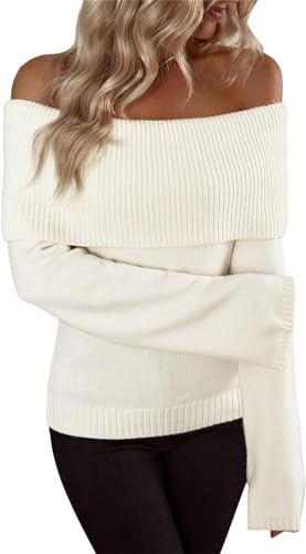 KAfuLi Pull à épaules dénudées pour femme, manches longues, pliable, tendance, surdimensionné, automne, tunique tricotée (S,Blanc)