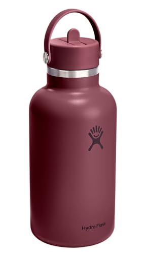 Image of Hydro Flask Water Bottle - Insulated Stainless Steel - Wide Mouth Flex Straw Lid, Non Spill, Leakproof and Refillable in 64 Oz Burgundy