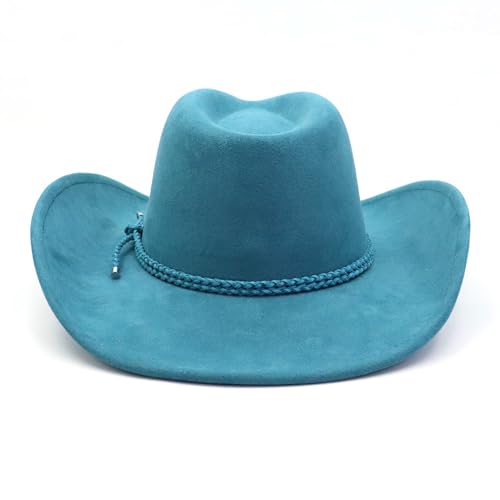 Image of Western Cowboy Hat for Women Men Wide Brim Cowboy Hat for Women with Woven Buckle Belt Suede Classic Fedora Hats