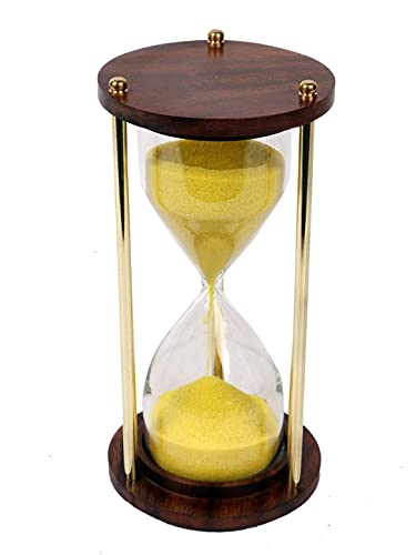Image of Wooden and Brass Multi Color Sand Timer Hour Glass Sandglass Clock Ideal for Exercise Tea Making Antique Nautical Decor Theme Height 5.5 Inches 5 Minutes (Yellow)