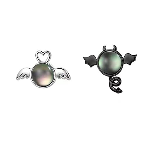 Angel Devil Stud Earrings For Women Girls Asymmetrical Love Heart Angel Wings Earring Small Moonstone Earring Black Ear (Silver) #TOP20