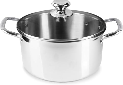Large Stainless Steel Stock Pot with Lid – 24cm 5L & 8L Induction Soup Pot, Big Cooking Pot for Stews, Biryani & Pasta – Large Cooking Pot with Glass Lid – Dishwasher Safe & Oven Safe (5 Litre)