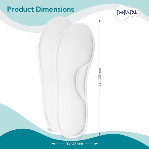 Image of Footvital Memory Foam Shoe Insoles for Men and Women | Soft Cushioned Inserts for Long Standing and Walking | Supports Heel and Arch | Shock Absorbing | Moisture Absorbing | Lightweight Washable Insoles for All Shoes | 1 Pair | White | Size 7