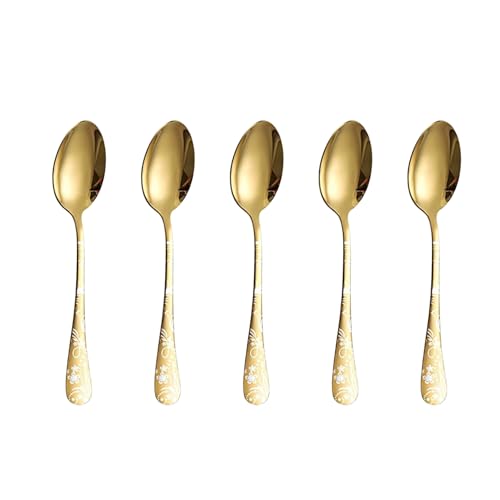 Image of 6.7 inch Aurum Gold Dessert Spoons with Floral Printed Handle | Set of 5 Durable Stainless Steel Teaspoons | Mirror Polished Silverware for Home, Restaurants, and Gift Giving