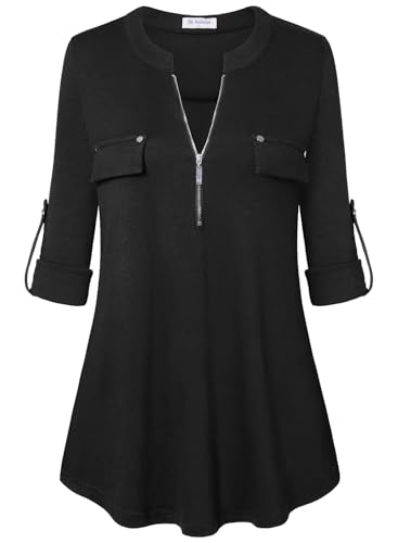 Bulotus 3/4 Length Sleeve Womens Striped Tops Zipper V Neck Collared Blouses Business Casual Tunics 2026 Spring Trendy Black XXL