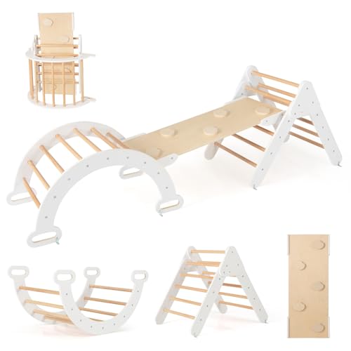 FANTASK 4 in 1 Kletterger&uuml;st mit rutsche, Kletterdreieck Holz inkl. doppelseitige Rampe & Kletterboge & Wippen, Sprossendreieck Spielplatz f&uuml;r Kinder ab 1 Jahr, Wei&szlig;