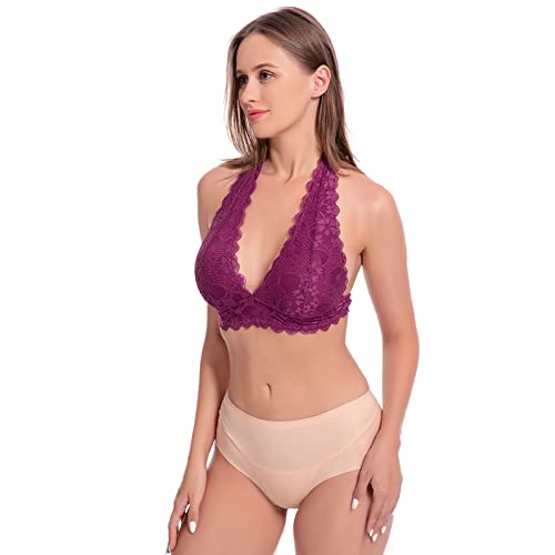 Image of Floral Lace Halter Bra Bralette Top Hook and Eye Closure Back Unpadded Wirefree Lace Bra