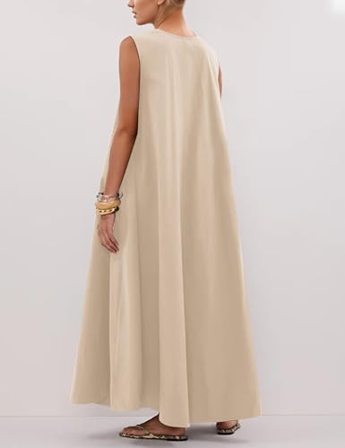 Image of Women Sleeveless Ruched Maxi Dress Scoop Neck Long Elegant Dresses Wide Shoulder Strap Blouse Dress with Side Pockets